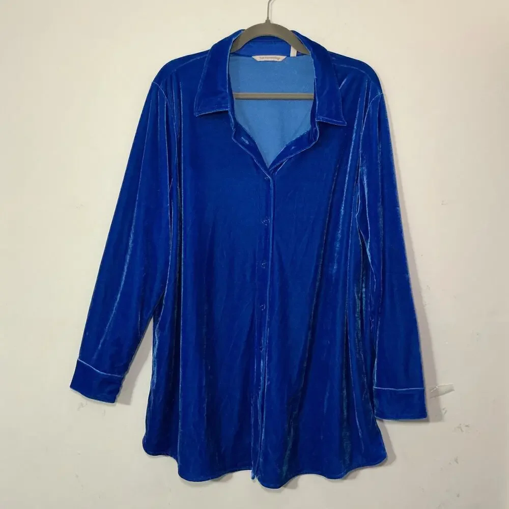 Soft Surroundings Royal Blue Velvet Button Down Top 1X